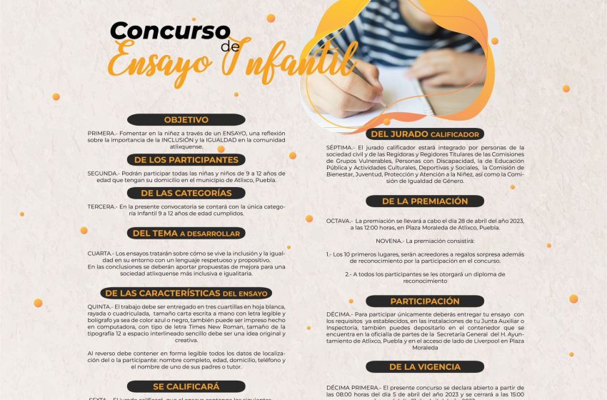 Ayuntamiento de Atlixco invita a participar en el concurso de Ensayo Infantil 2023