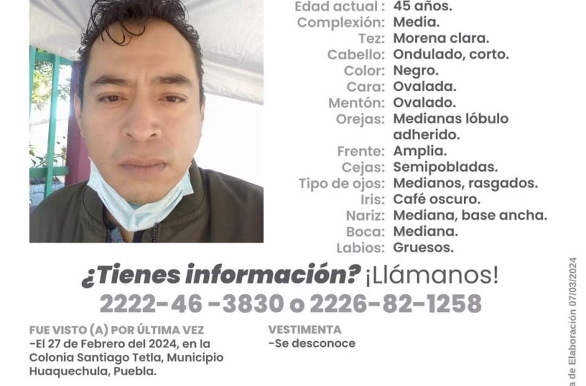 Hombre desapareció en comunidad de Huaquechula