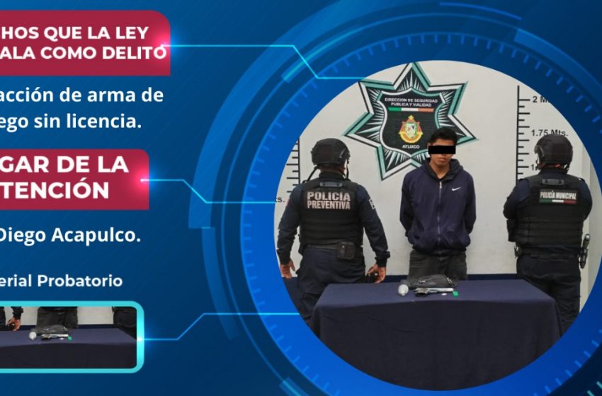 Asegura policía de Atlixco a individuo con arma de fuego y droga.