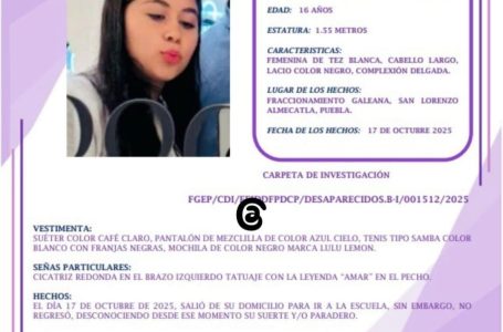 Activan Protocolo Alba por desaparición de jovencita en Puebla
