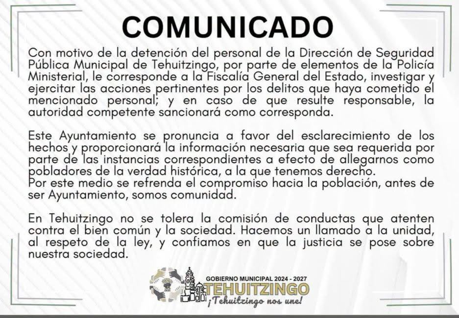 Fija postura gobierno Tehuitzingo sobre detención de personal de seguridad